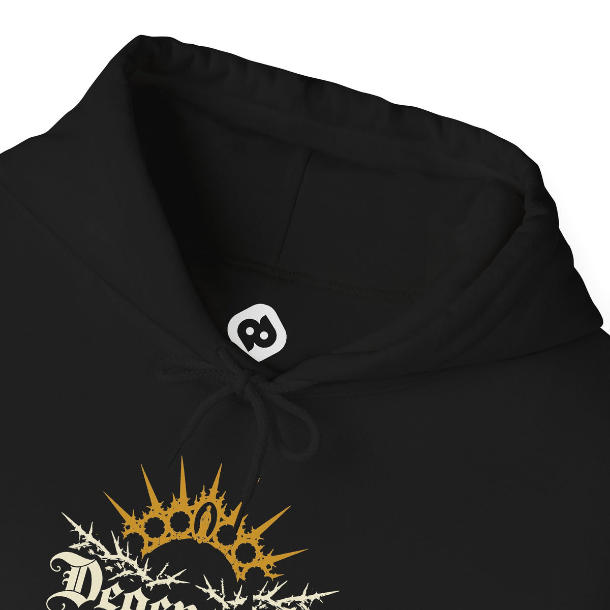 Degenerate black hoodie, hood and neckline detail above small Degenerate sunburst mark