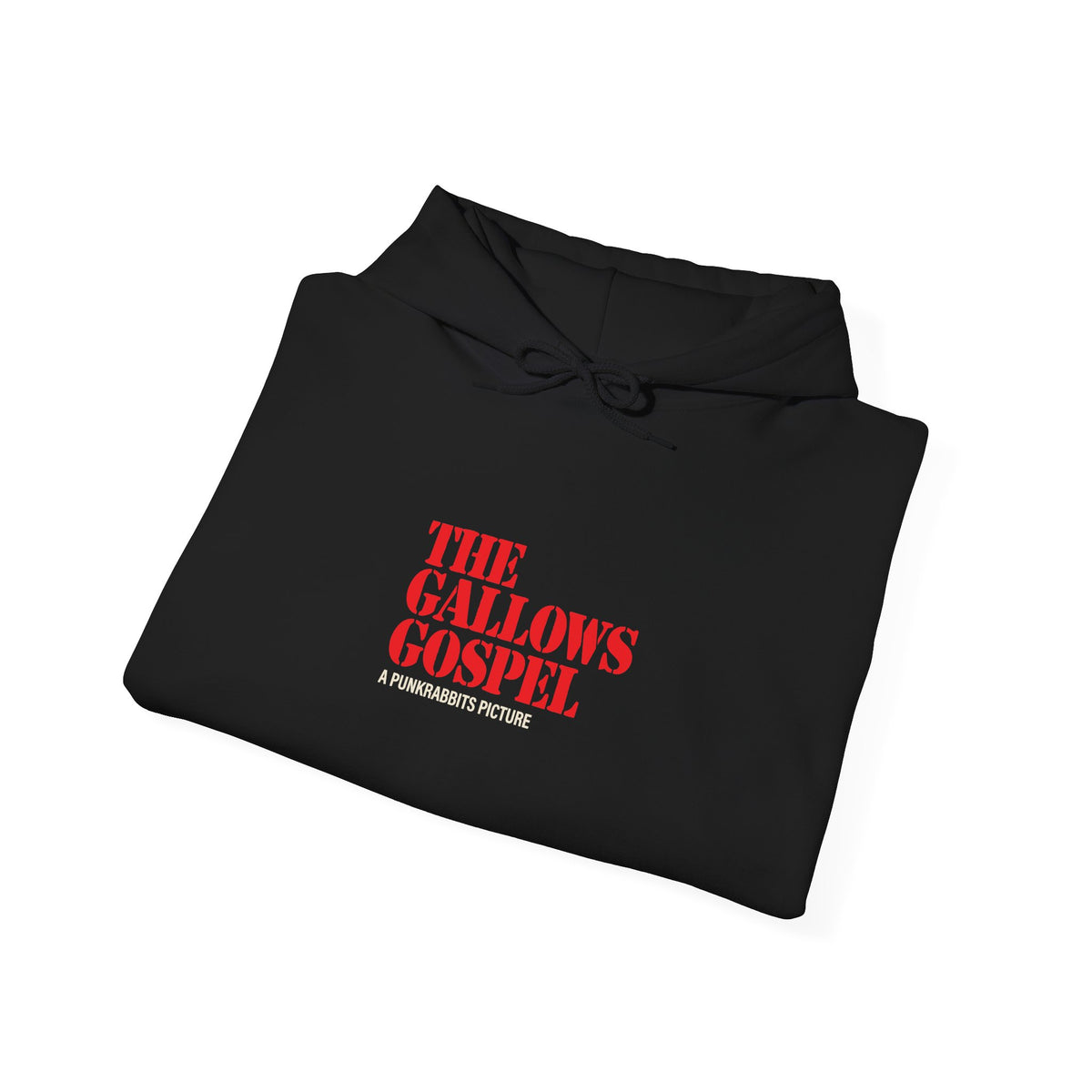 Folded The Gallows Gospel black hoodie showing red The Gallows Gospel chest lettering