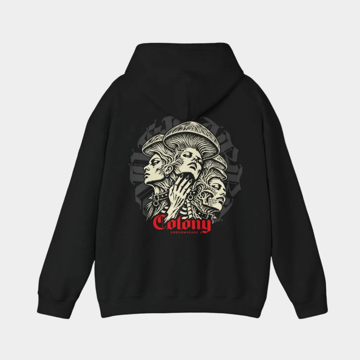 Colony black hoodie, back view showing three interwoven mushroom-crowned portraits, a skull and studded collars, with red Colony lettering.