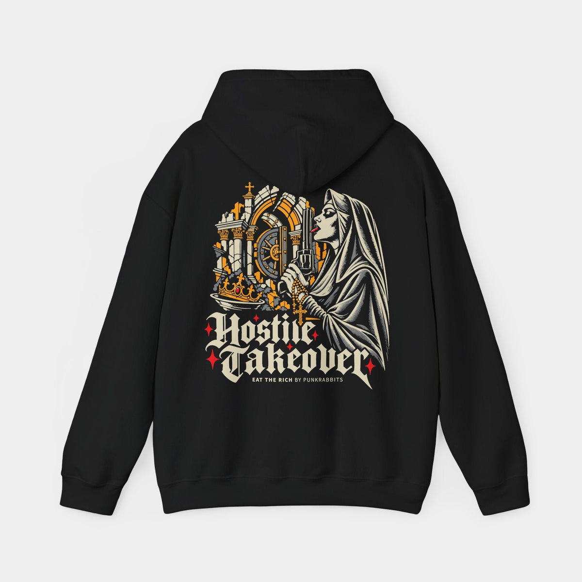 Hostile Takeover black hoodie, back view showing a veiled nun holding a revolver and gold rosary beside a gold vault and jeweled crown, above cream Hostile Takeover lettering.