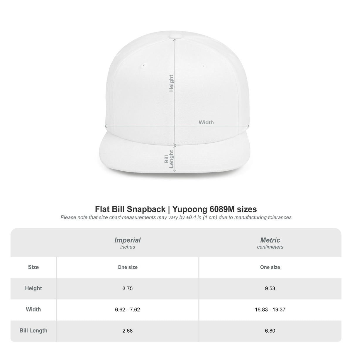 Size chart for the Synthesis Blackout Yupoong 6089M one-size snapback hat.