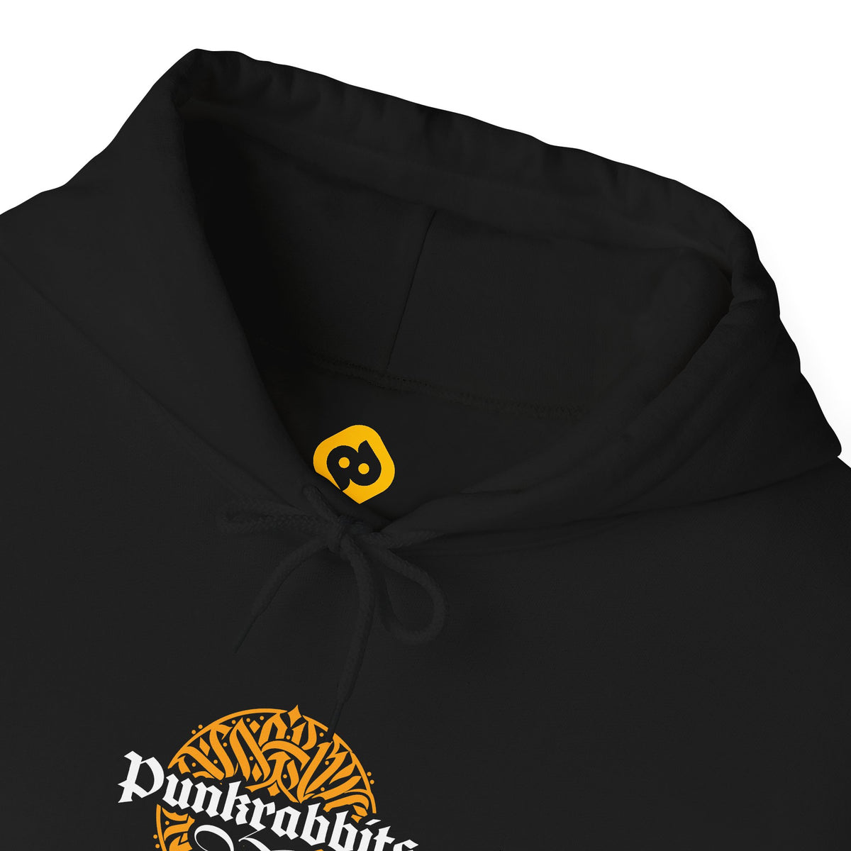 Black hoodie neckline and chest detail showing drawstrings, inner neck print and Punkrabbits logo.