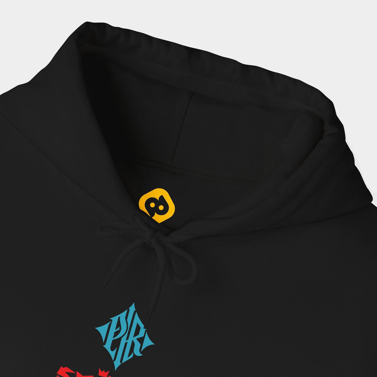 Spiked black hoodie neckline and chest close-up showing a blue PR diamond above red Spiked lettering.