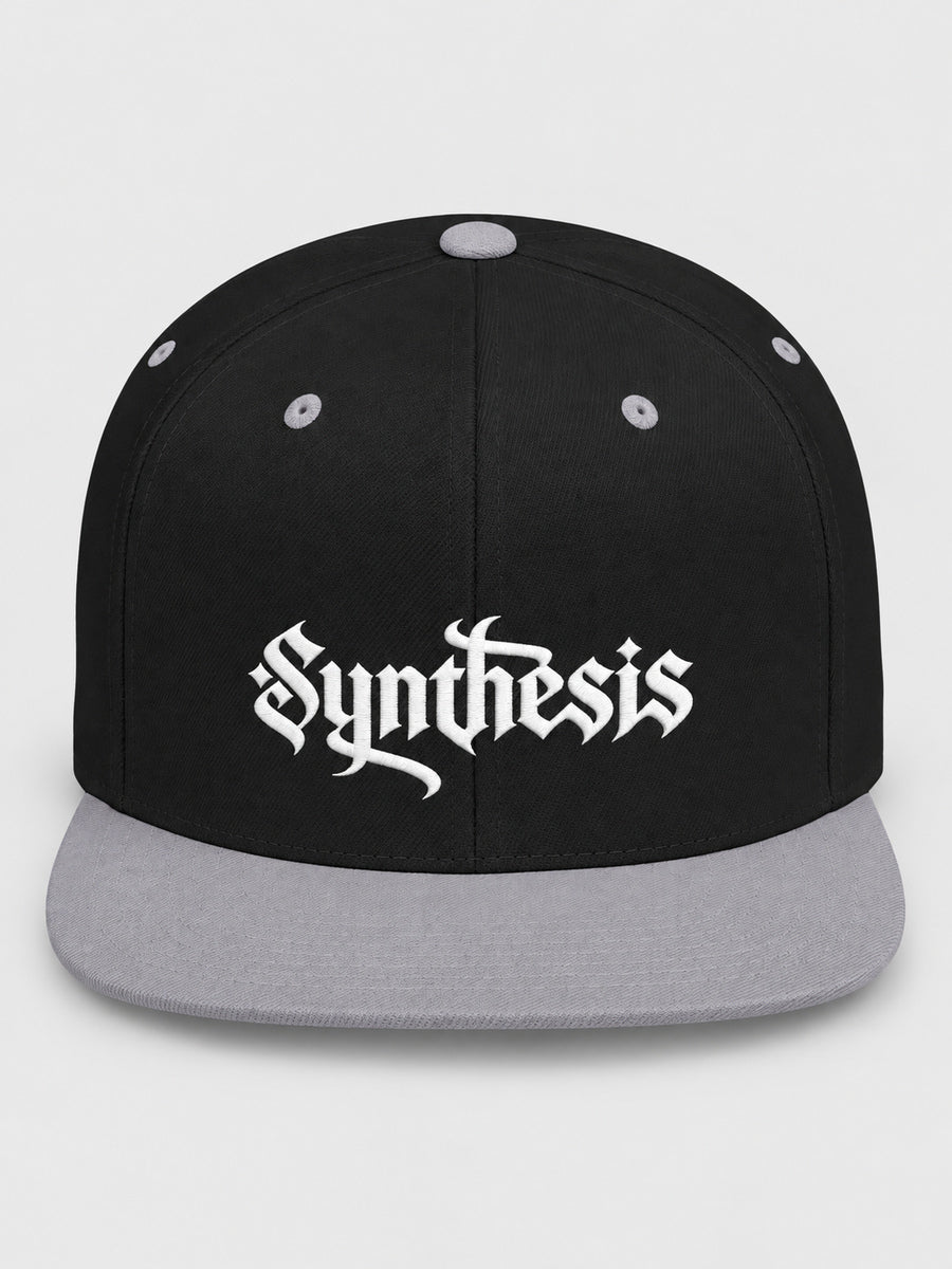 Synthesis Doomed Flat Bill Snapback Hat in Black/Silver, front studio view with white Gothic embroidery.