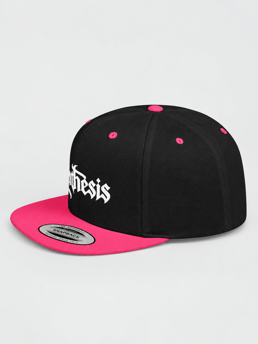 Synthesis Doomed Flat Bill Snapback Hat in Black/Neon Pink, three-quarter studio view with white Gothic embroidery.