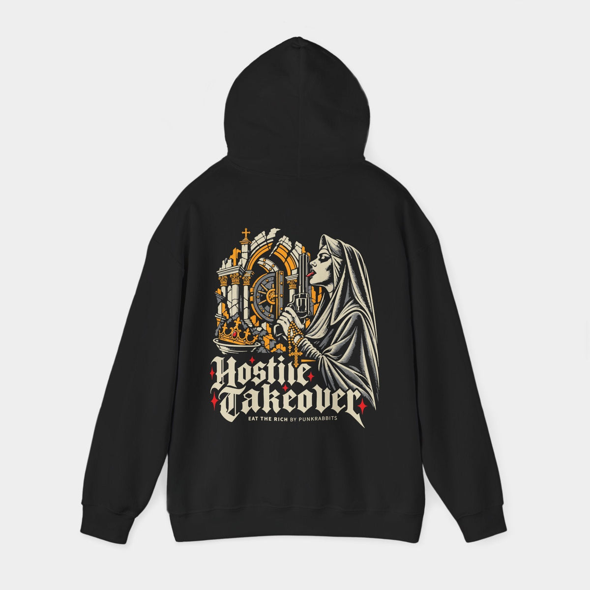 Hostile Takeover black hoodie with hood raised, back view showing a veiled nun holding a revolver and gold rosary beside a gold vault and jeweled crown, above cream Hostile Takeover lettering.