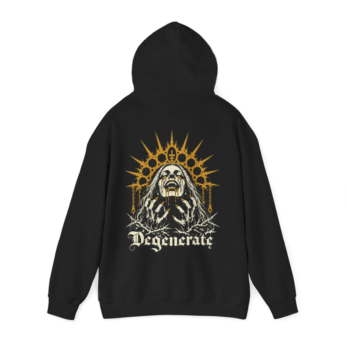 Degenerate black hoodie hanging, full back view with screaming figure beneath gold spiked halo on hoodie back