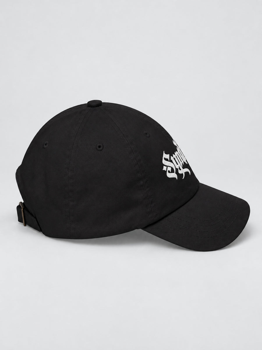 Black Synthesis Ritual embroidered cap, right-facing side on gray.