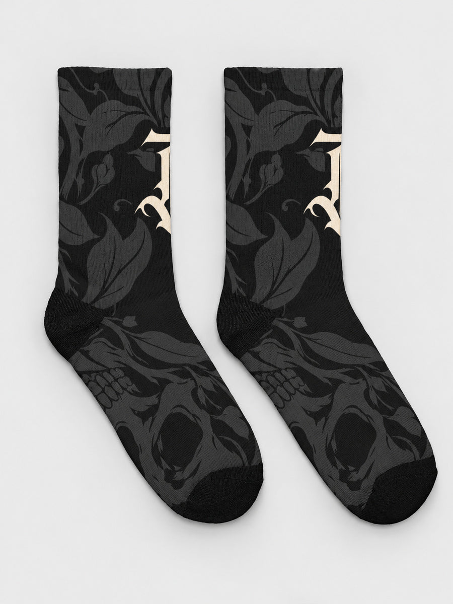 Synthesis skull bloom socks: pair, opposite printed supplier view refreshed on gray.
