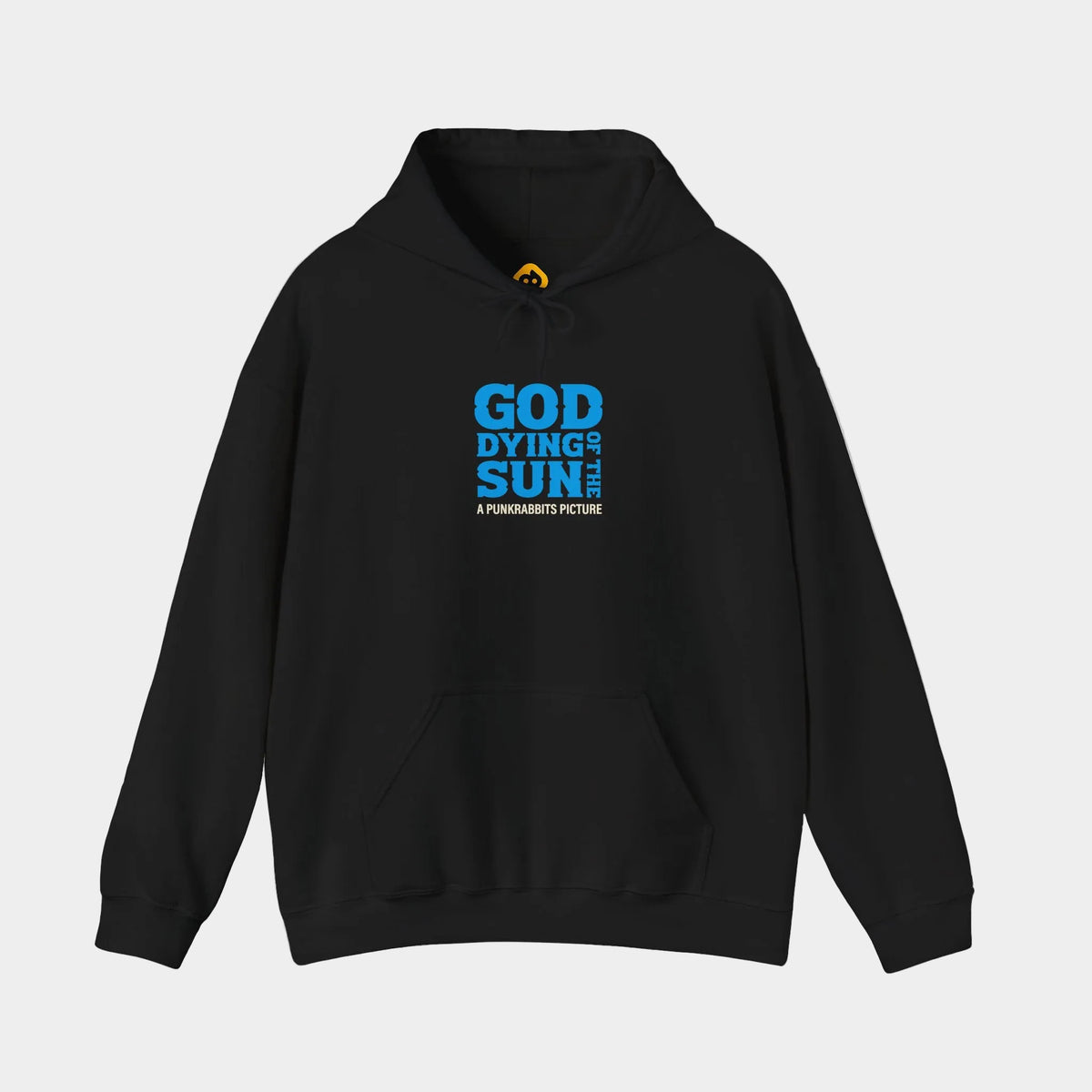 God of the Dying Sun black hoodie, front view with blue God of the Dying Sun chest lettering