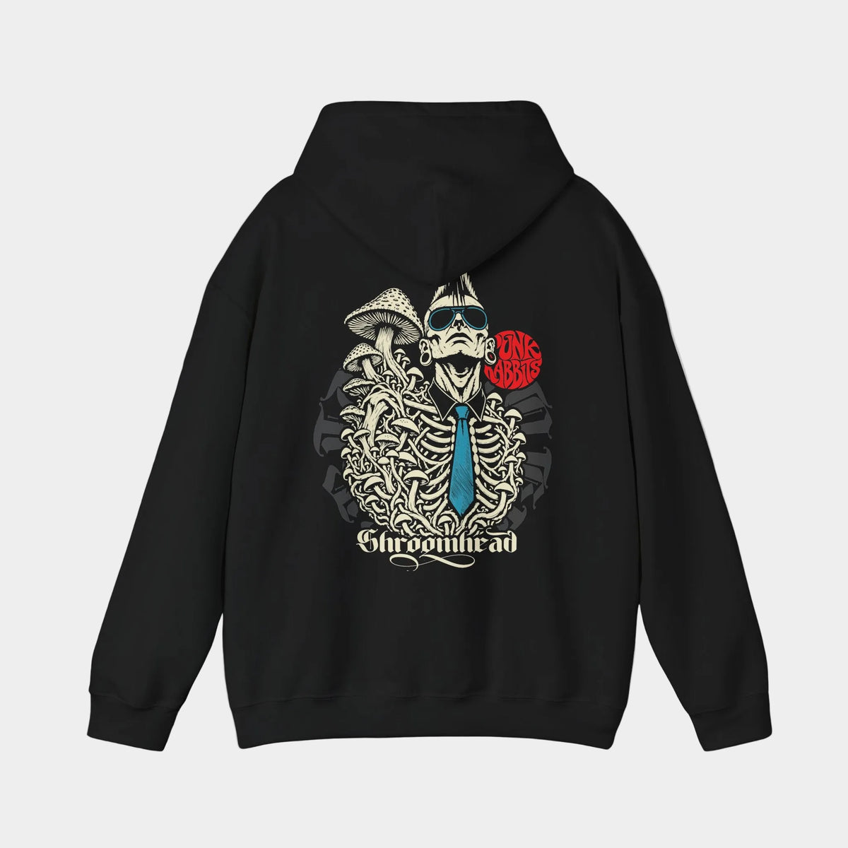 Shroomhead black hoodie, back view showing a mohawked figure in sunglasses with an exposed ribcage, mushrooms and a blue tie beneath a red Punkrabbits mark.