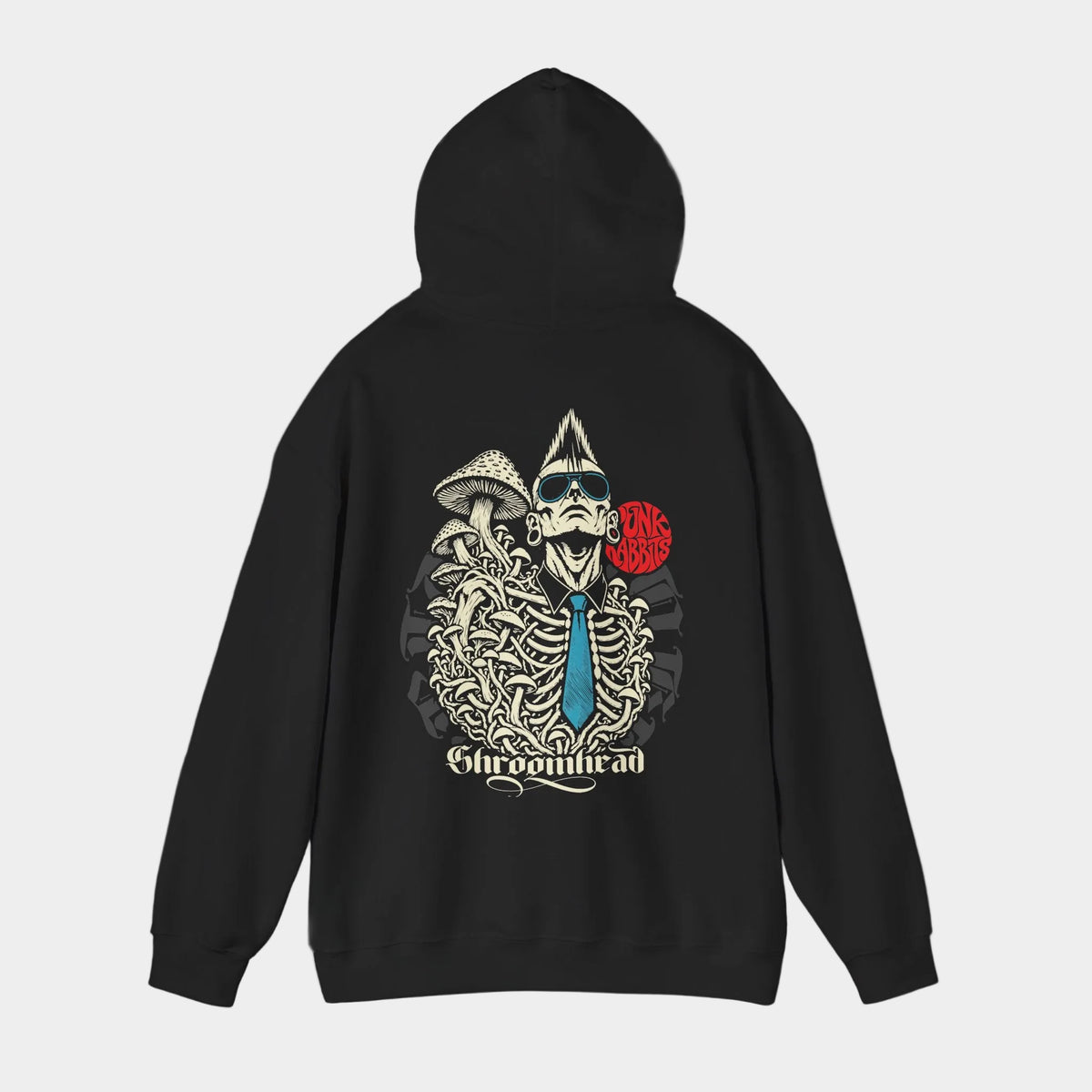 Shroomhead black hoodie with hood raised, back view showing a mohawked figure in sunglasses with an exposed ribcage, mushrooms and a blue tie beneath a red Punkrabbits mark.