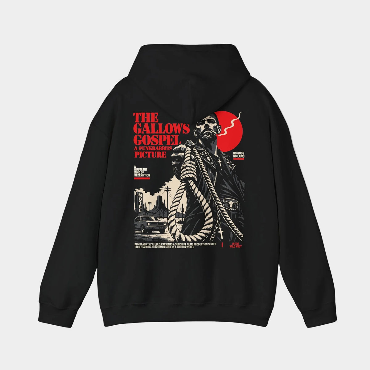The Gallows Gospel black hoodie, back view with noose-bearing outlaw, desert motel and red disc