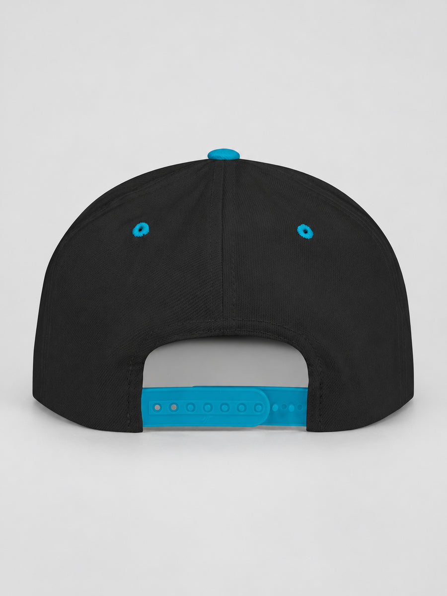 Synthesis Doomed Flat Bill Snapback Hat in Black/Teal, rear studio view showing the adjustable snap closure.