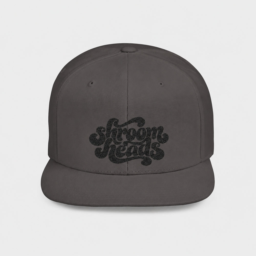 Shroom Heads Flat Bill Snapback Hat in Dark Grey, front view with black embroidery.