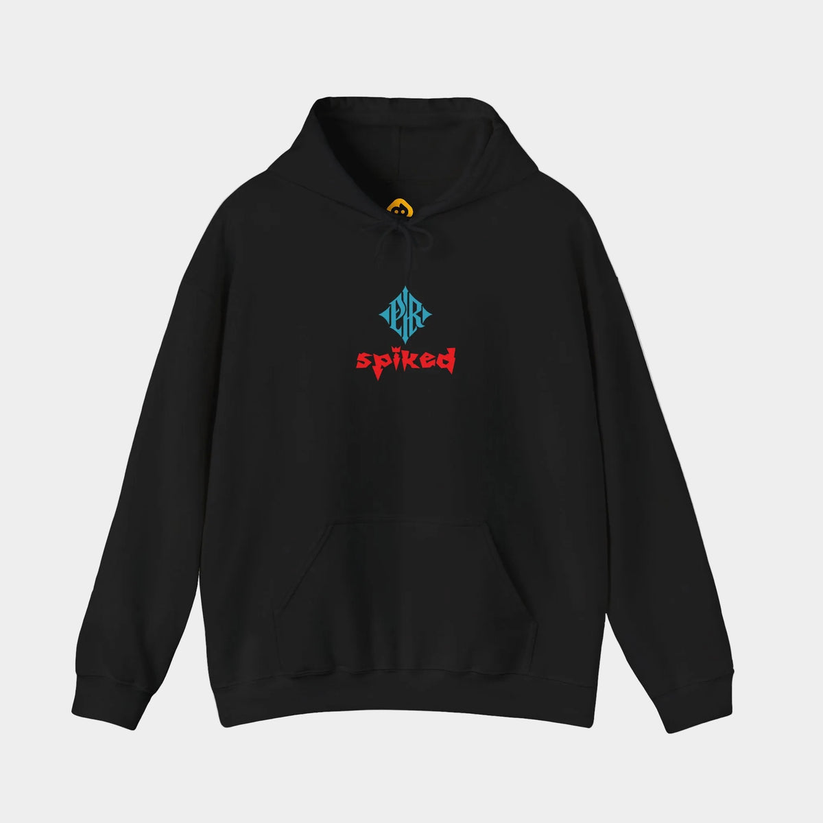 Spiked black hoodie, front view showing a blue PR diamond above red Spiked lettering above the kangaroo pocket.
