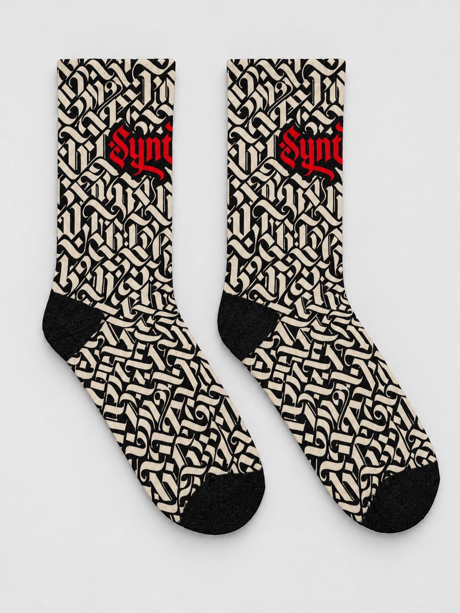 Synthesis script socks: pair, opposite printed supplier view refreshed on gray.