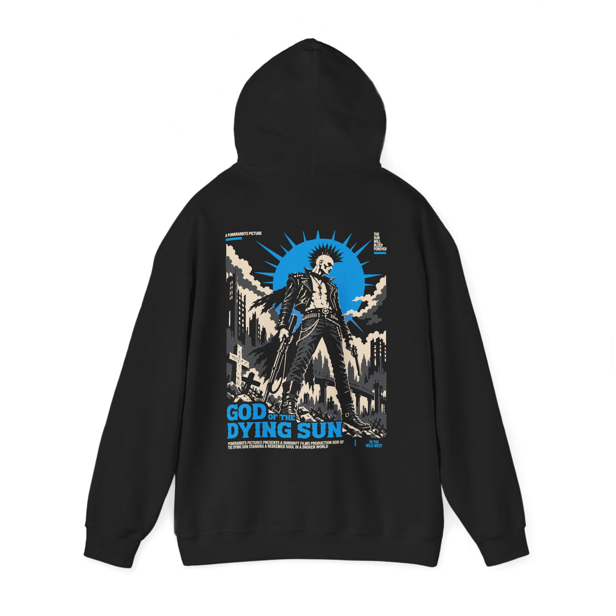 God of the Dying Sun black hoodie with hood raised, showing punk gunslinger among ruined buildings beneath a blue sunburst on the back