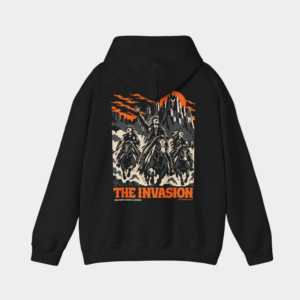 The Invasion black hoodie, back view with three masked horse riders charging below a fortress and orange sky