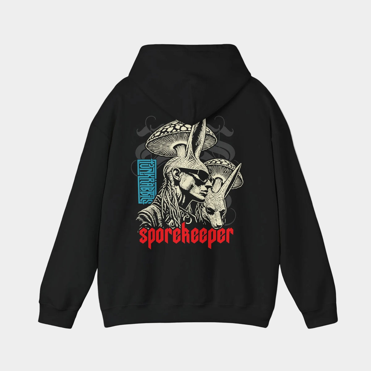 Spore Keeper black hoodie, back view showing a rabbit-eared human in dark glasses beside a rabbit head under mushroom caps, with red Sporekeeper lettering.