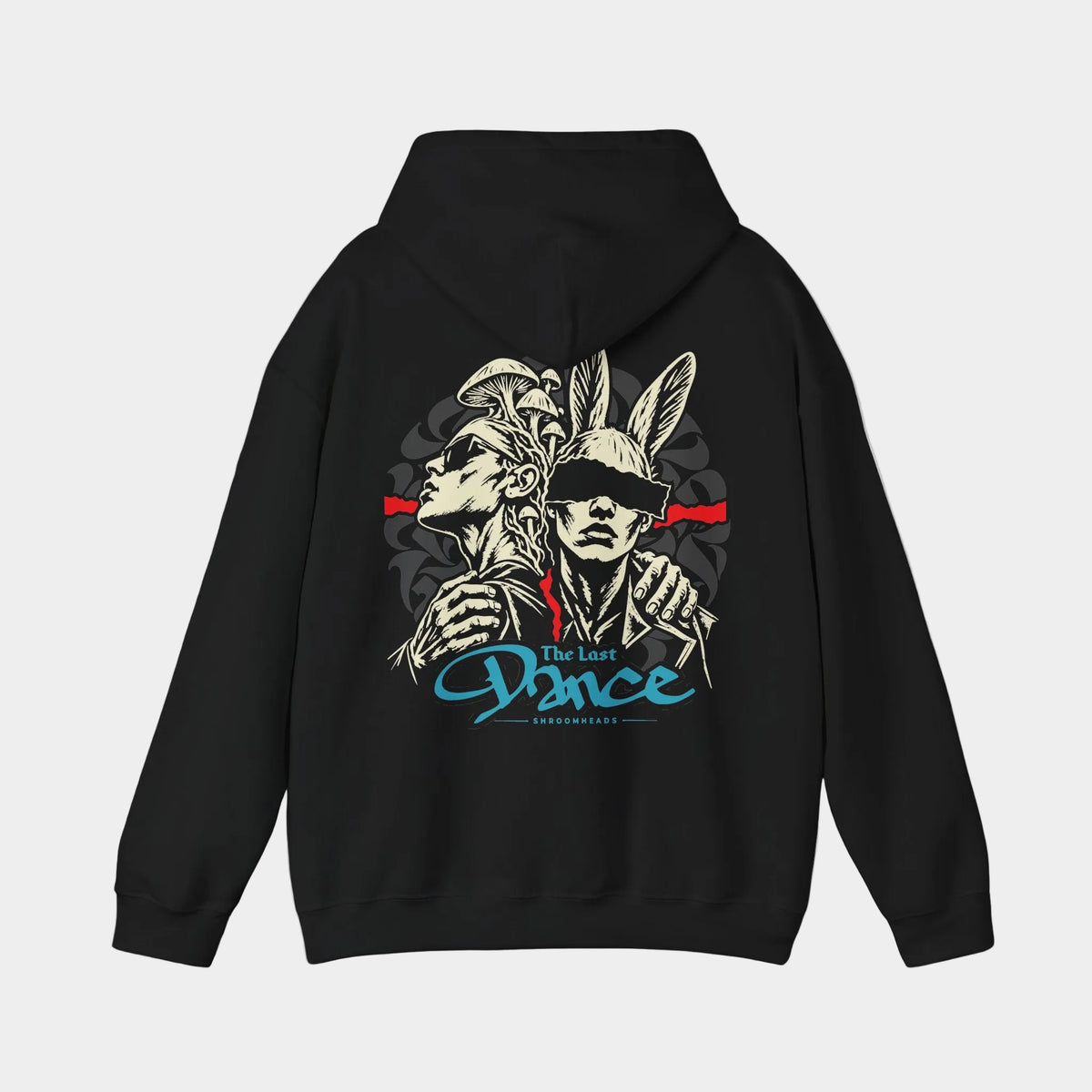 Last Dance black hoodie, back view showing two linked figures, one mushroom-crowned and one rabbit-eared, with a red band and blue The Last Dance script.