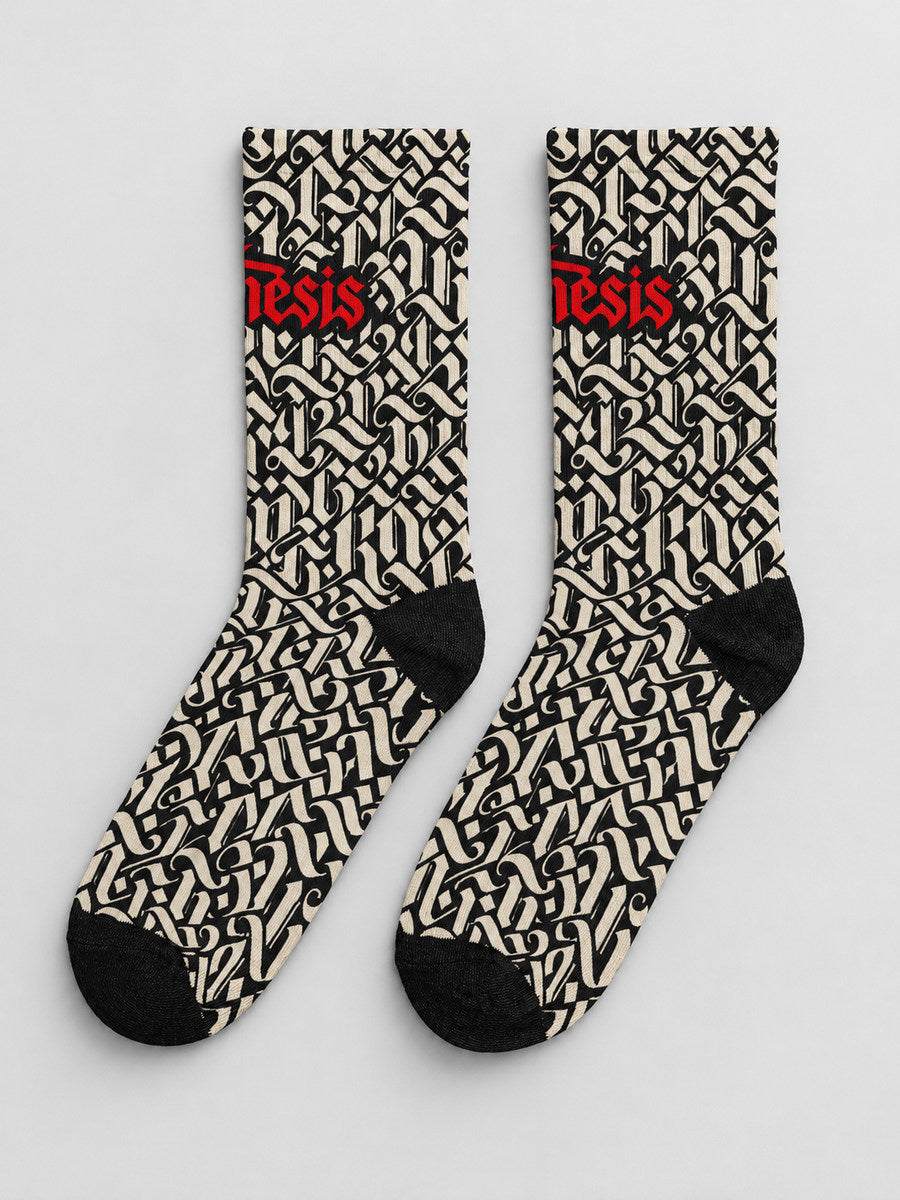 Synthesis script socks: pair, primary printed supplier view refreshed on gray.