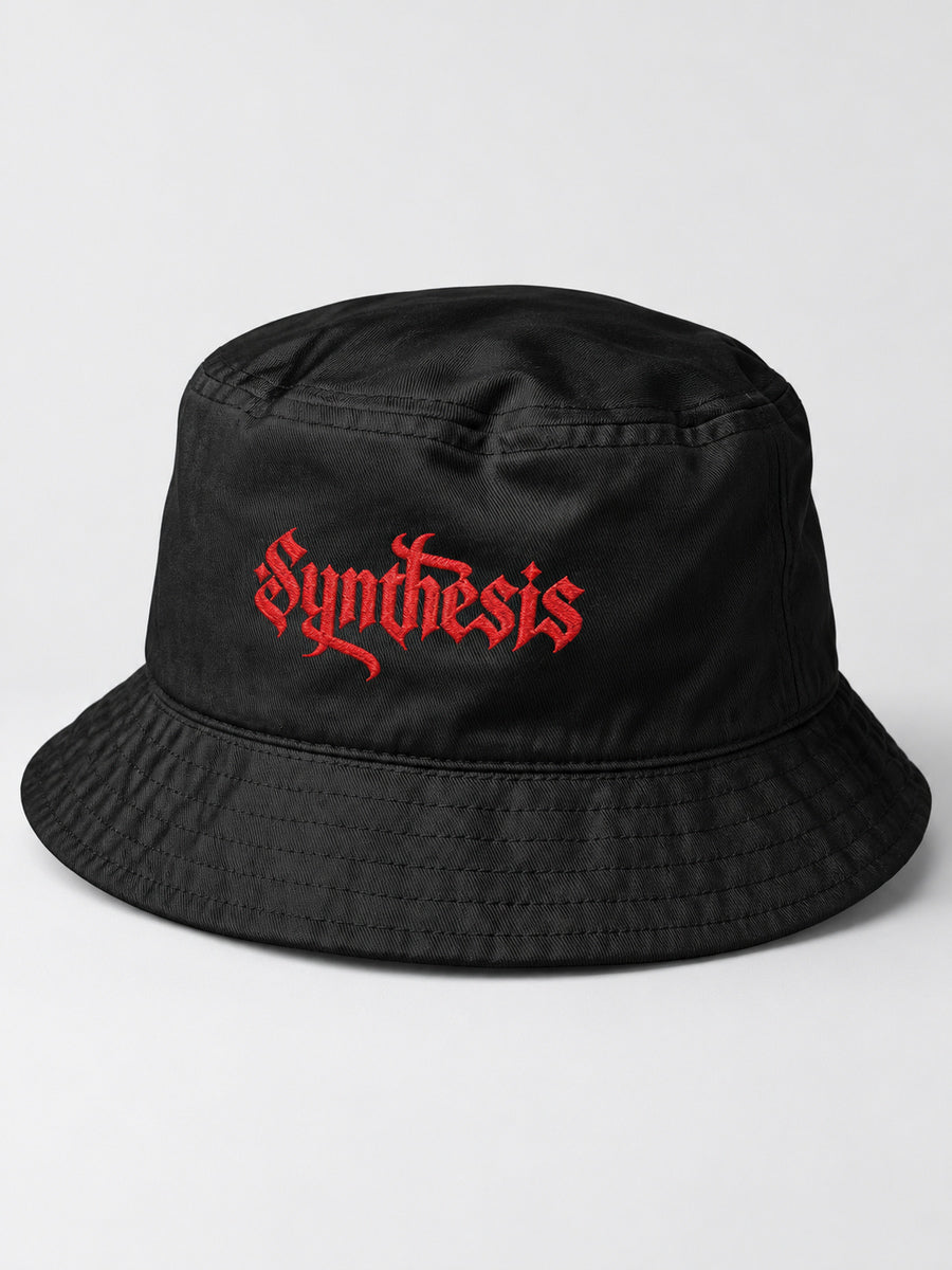 Black Synthesis Ritual cotton bucket hat with red Gothic embroidery, complete front view on gray.