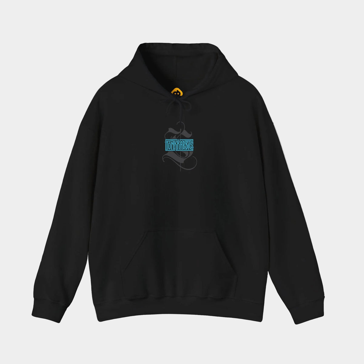 Spore Keeper black hoodie, front view showing a compact blue Punkrabbits wordmark over a charcoal calligraphic motif above the kangaroo pocket.