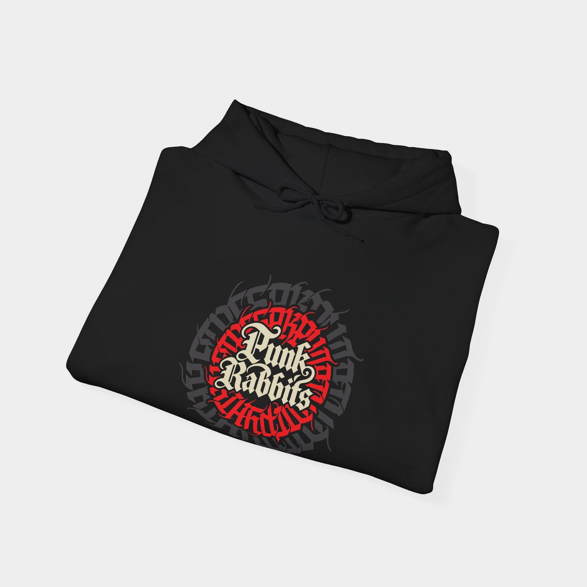 Succession black hoodie folded to show cream Punk Rabbits blackletter inside a circular red and charcoal typographic emblem.