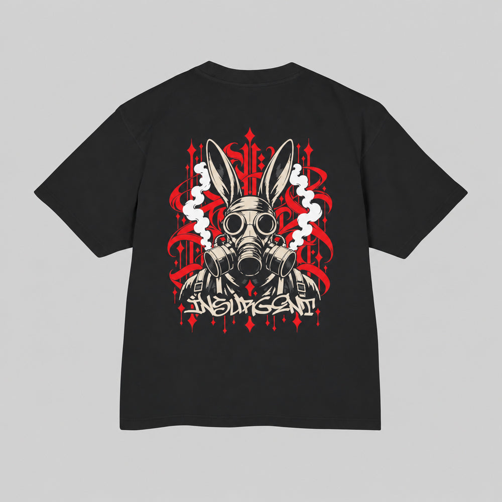 Back of black Insurgent Premium Boxy Tee with rabbit-eared gas-mask figure, pale smoke and red calligraphy.