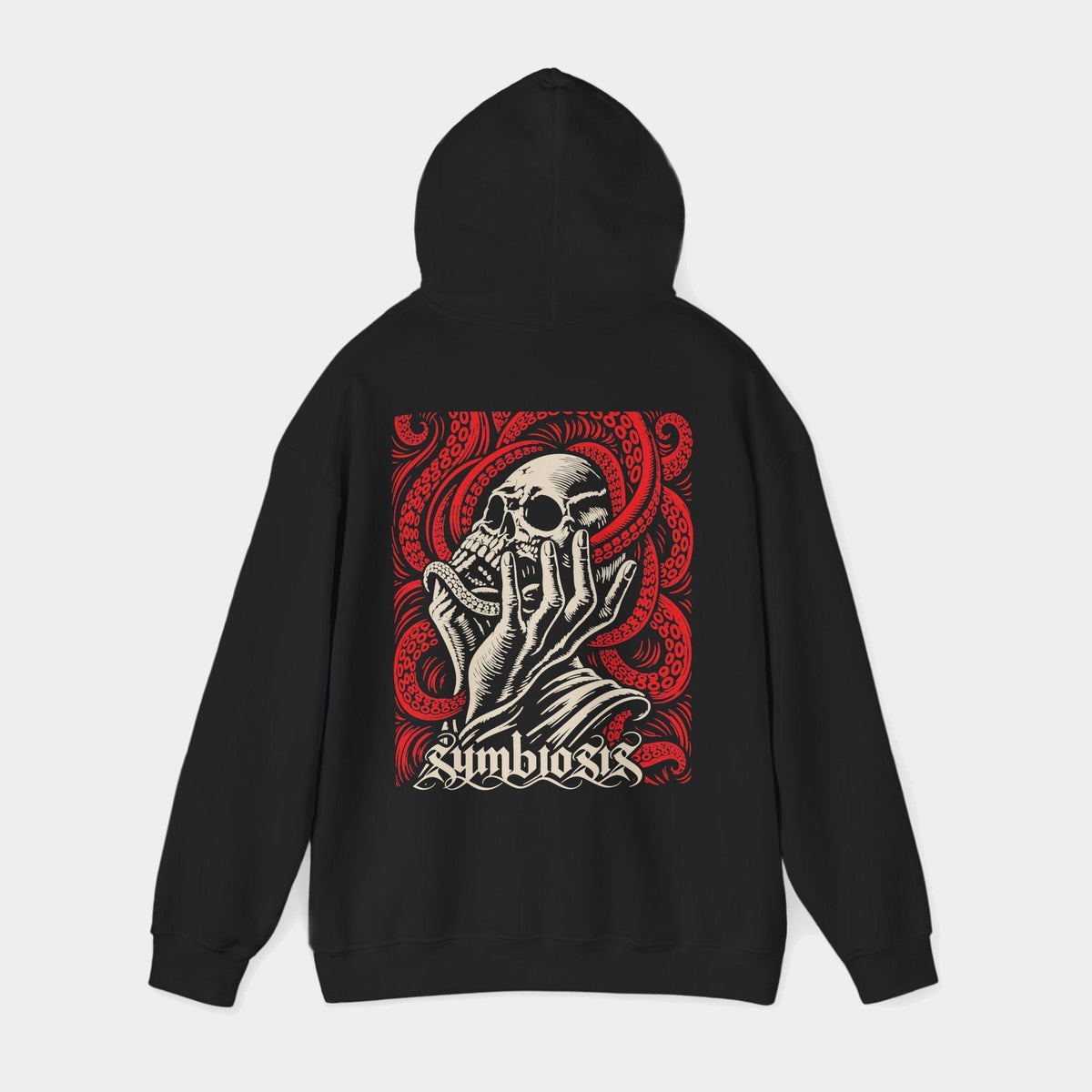Symbiosis black hoodie with hood raised, back view showing an ivory skull cradled by an upward-reaching hand amid red octopus tentacles with suction cups, with ivory Symbiosis lettering.