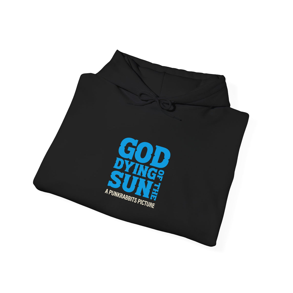Folded God of the Dying Sun black hoodie showing blue God of the Dying Sun chest lettering