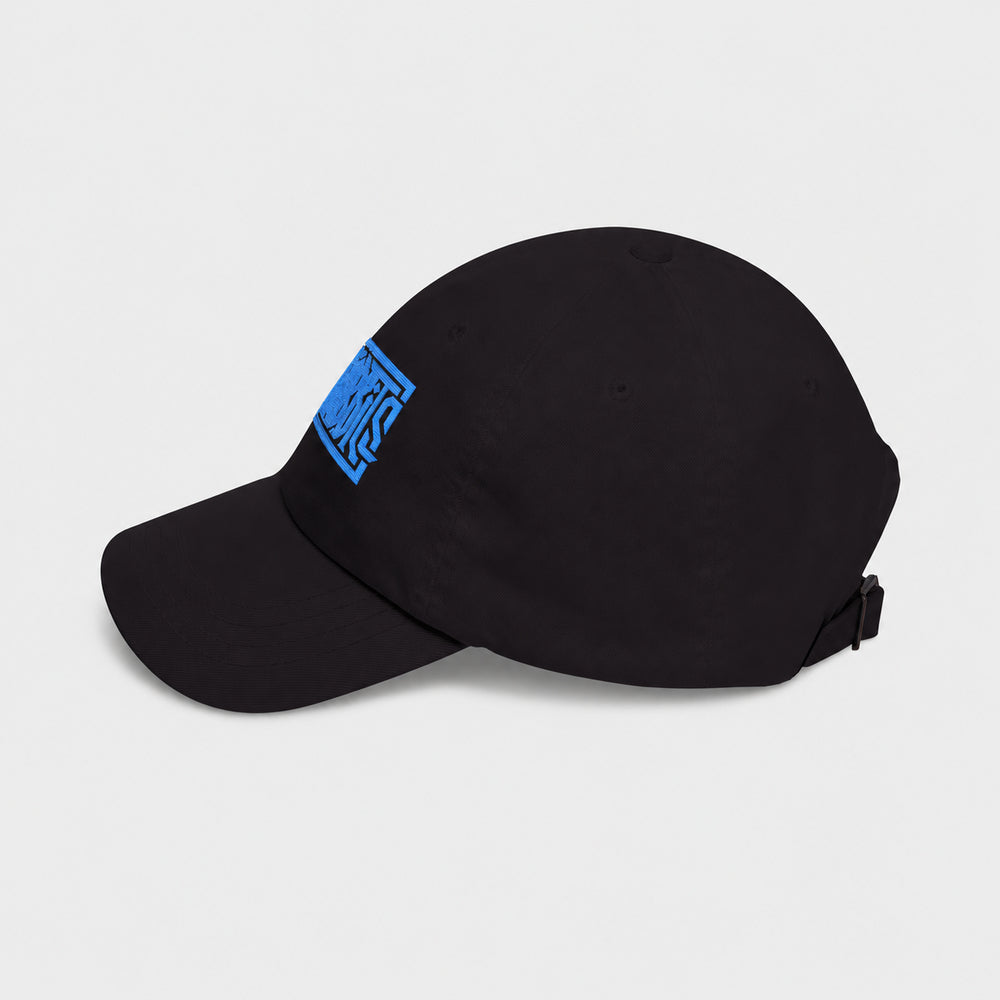 Side view of the black Punkrabbits cap with curved brim pointing left.