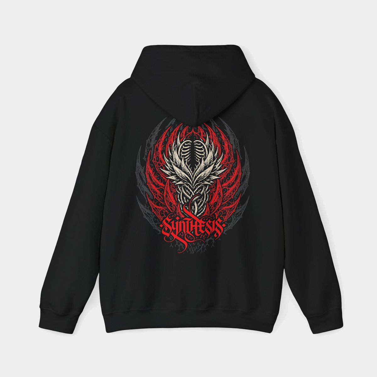 Synthesis black hoodie, back view showing an ivory ribcage and interwoven organic forms framed by red thorn-like curves and charcoal ornament, with red Synthesis lettering.