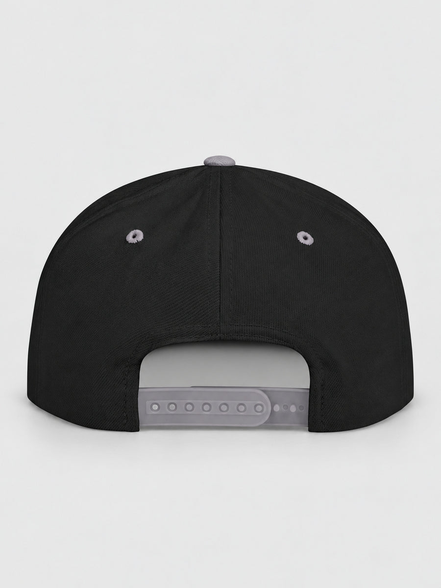 Synthesis Doomed Flat Bill Snapback Hat in Black/Silver, rear studio view showing the adjustable snap closure.
