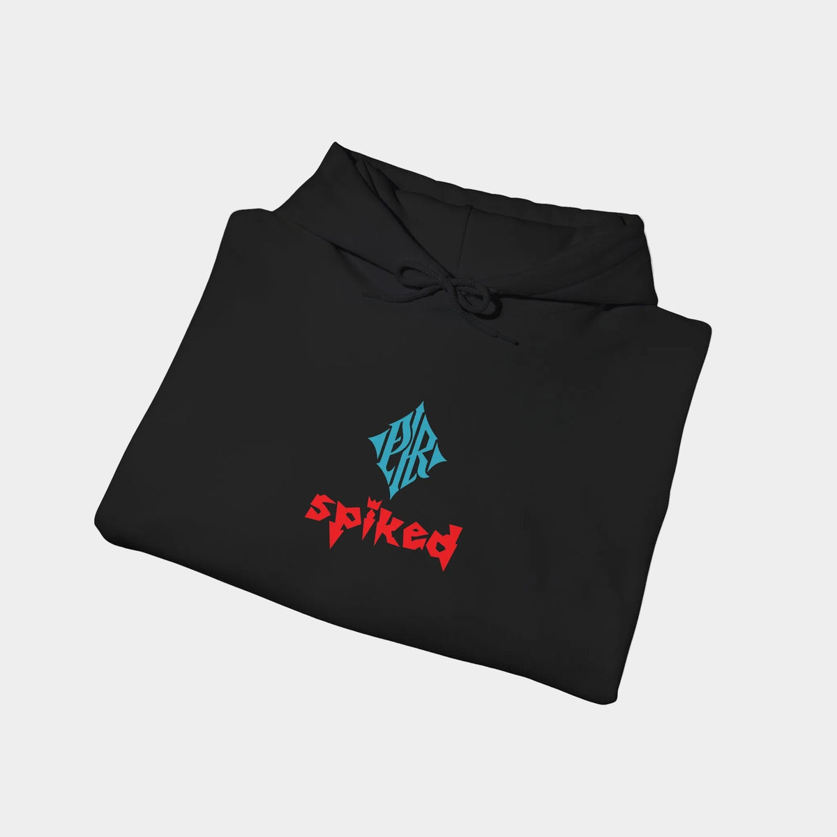 Spiked black hoodie folded, showing a blue PR diamond above red Spiked lettering.