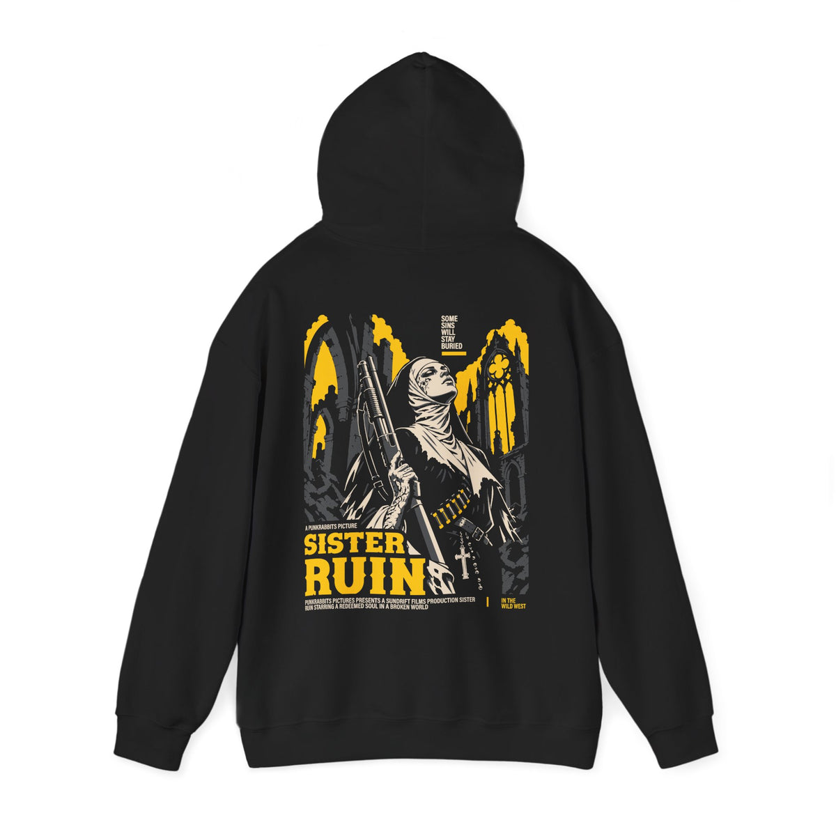 Sister Ruin black hoodie with hood raised, showing armed nun among Gothic ruins in yellow, ivory and charcoal on the back