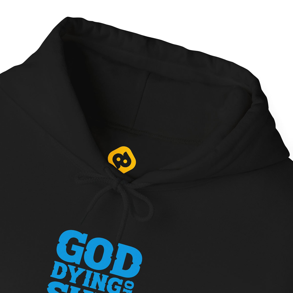 God of the Dying Sun black hoodie close-up of drawstring hood, neckline and blue God of the Dying Sun chest lettering