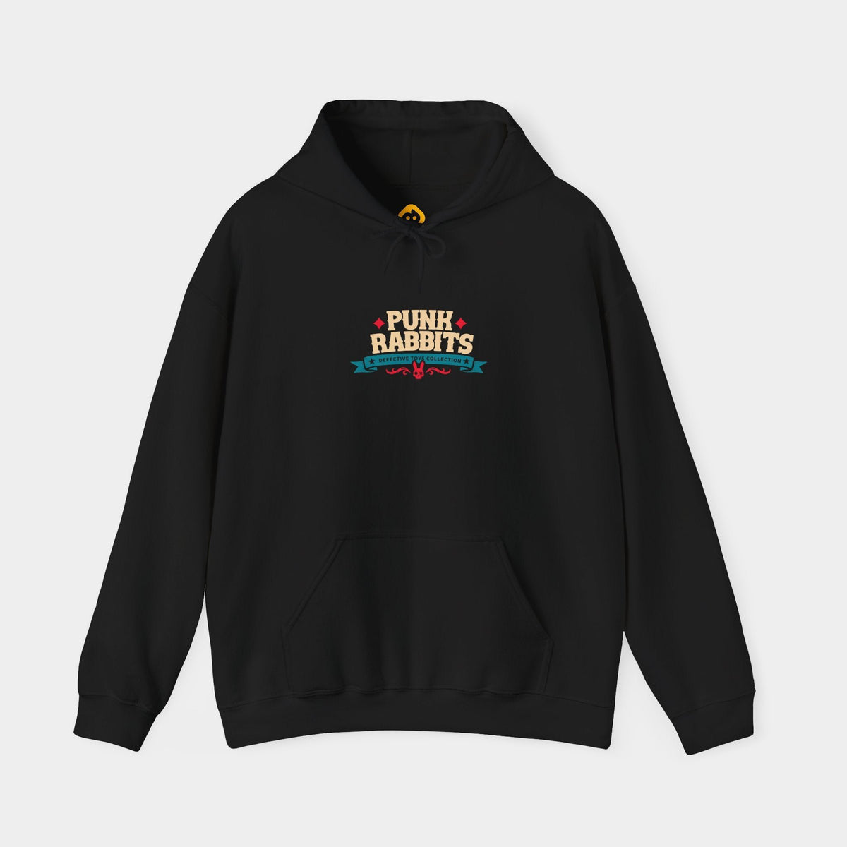 Cannibal Ted black hoodie, front view showing compact cream PUNK RABBITS lettering with red stars, a teal Defective Toys Collection banner and red ornament above the kangaroo pocket.