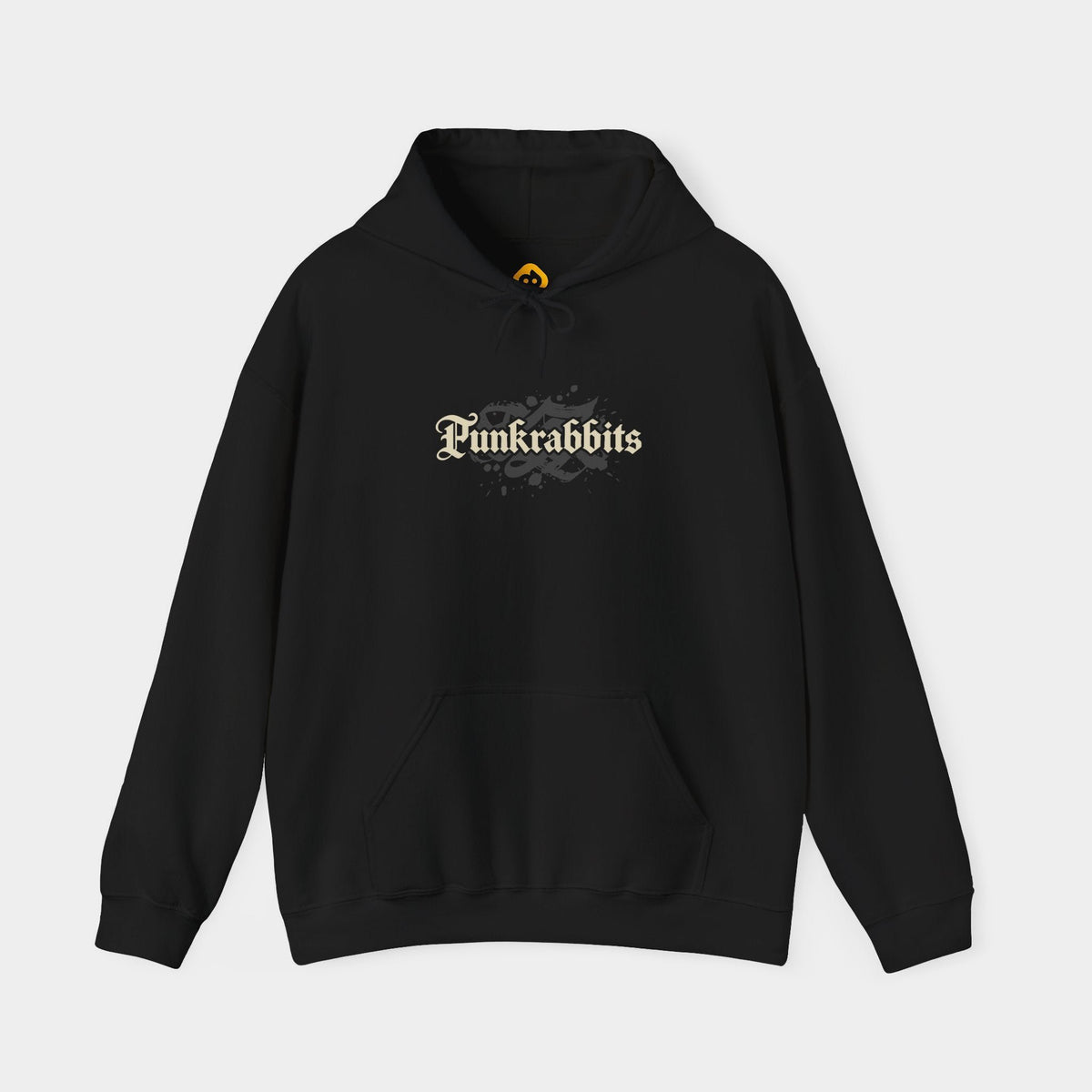 Hostile Takeover black hoodie, front view showing a cream Punkrabbits blackletter chest wordmark.