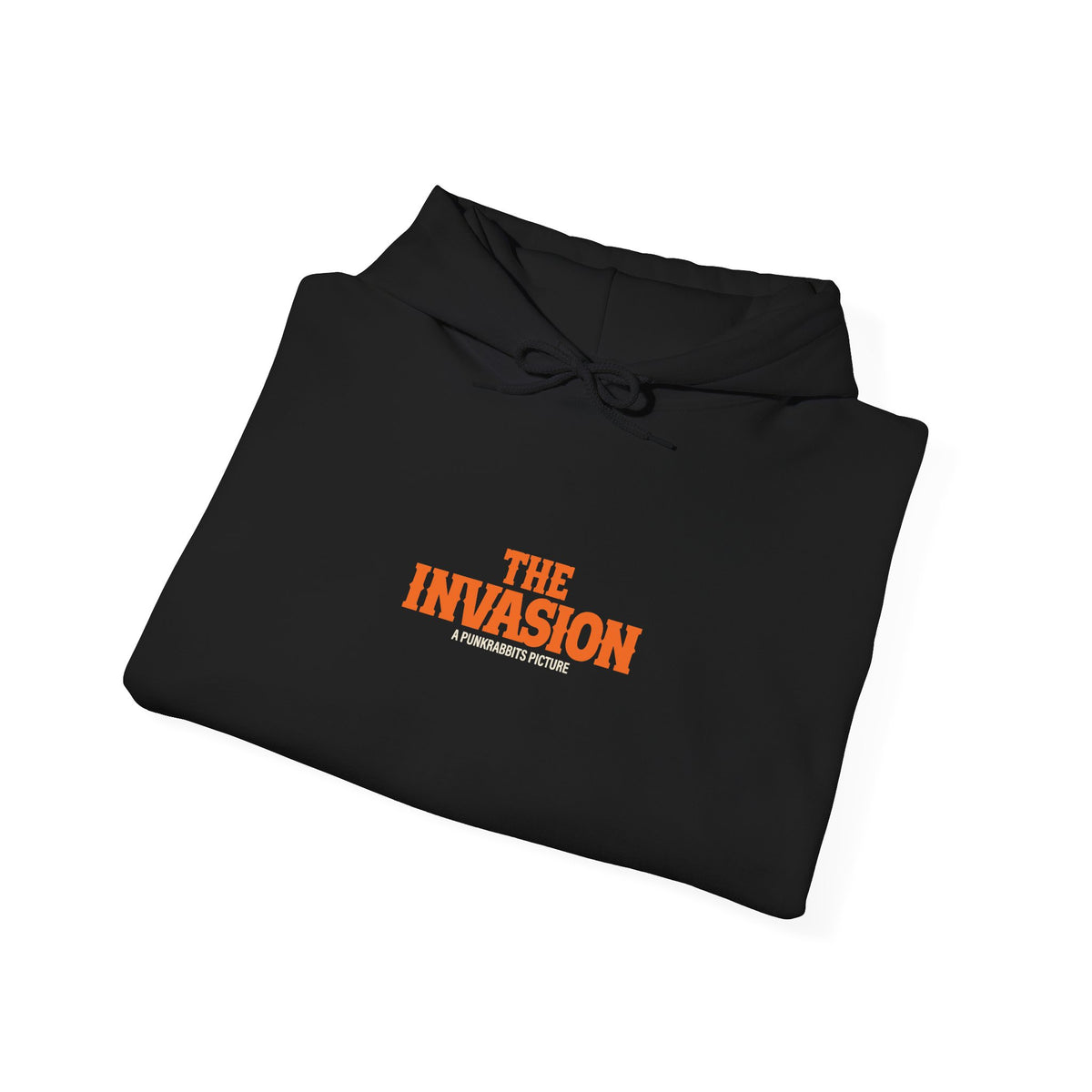 Folded The Invasion black hoodie showing orange The Invasion chest lettering