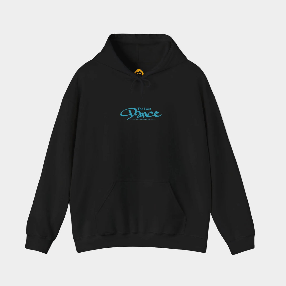 Last Dance black hoodie, front view showing blue The Last Dance script with small Shroomheads lettering above the kangaroo pocket.