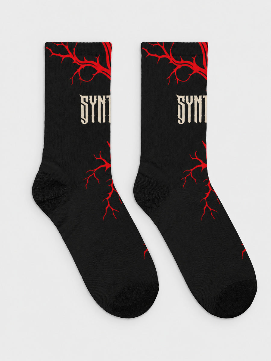 Bleeding Tree Synthesis crew sock pair, opposite side showing sparse red branches and wrapped ivory lettering on light gray.