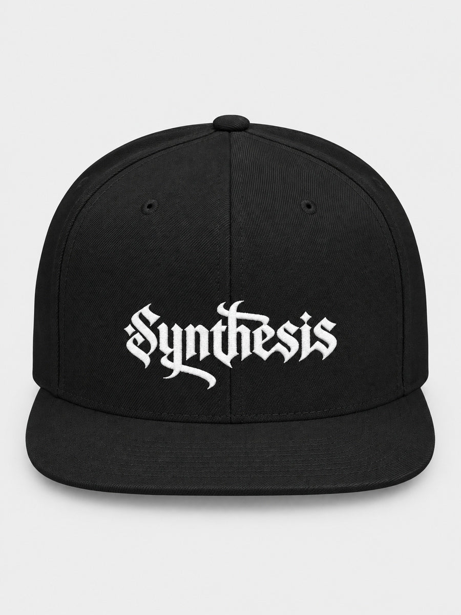 Synthesis Doomed Flat Bill Snapback Hat in Black, front view with white Gothic embroidery.