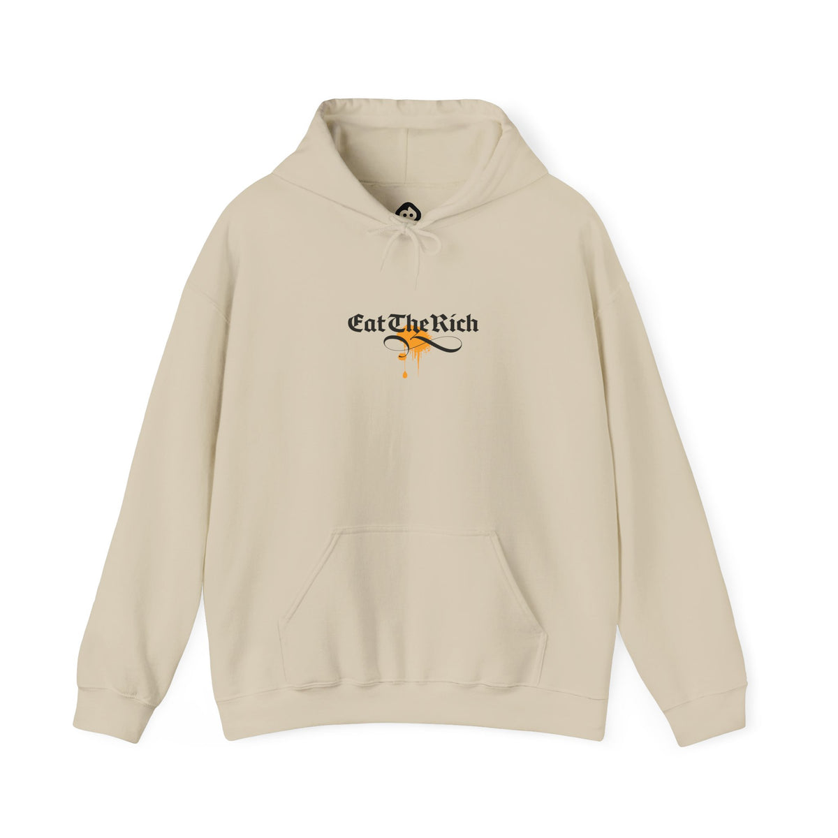 Sand hoodie front with black Eat The Rich lettering, infinity flourish and gold splash.