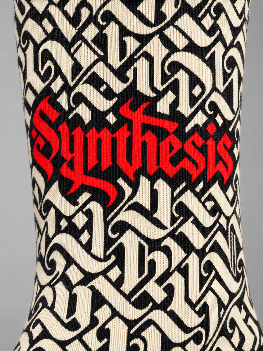 Synthesis script socks: printed design and knit texture close-up.