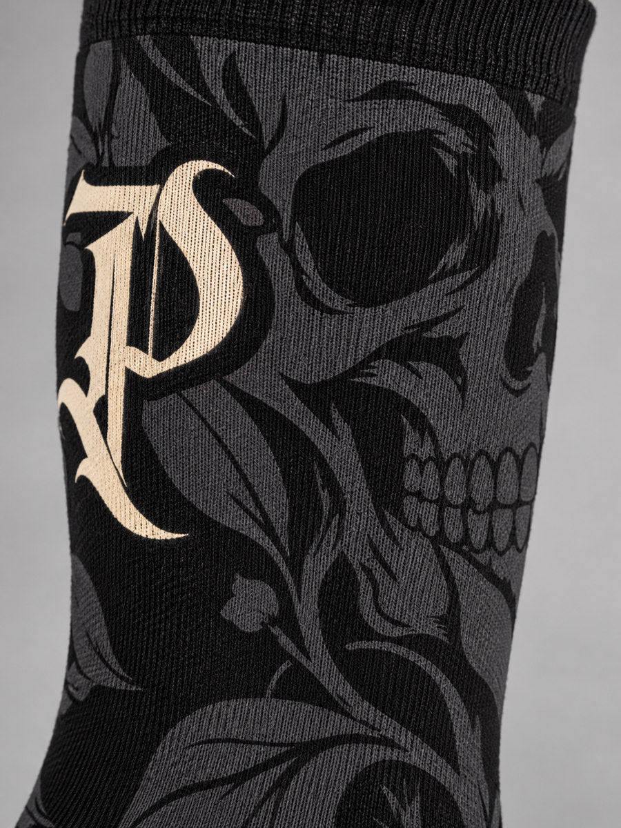 Synthesis skull bloom socks: printed design and knit texture close-up.